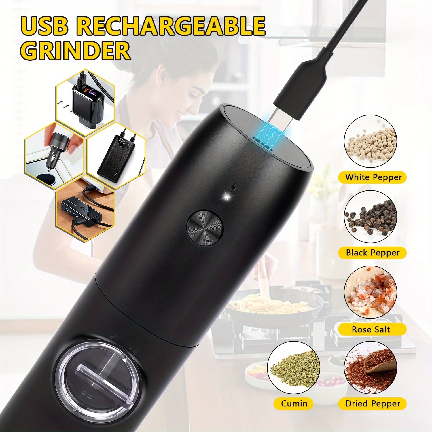 Electric Salt and Pepper Grinder USB Rechargeable with LED Lights  Adjustable Coarseness Grinding Tool for Cooking