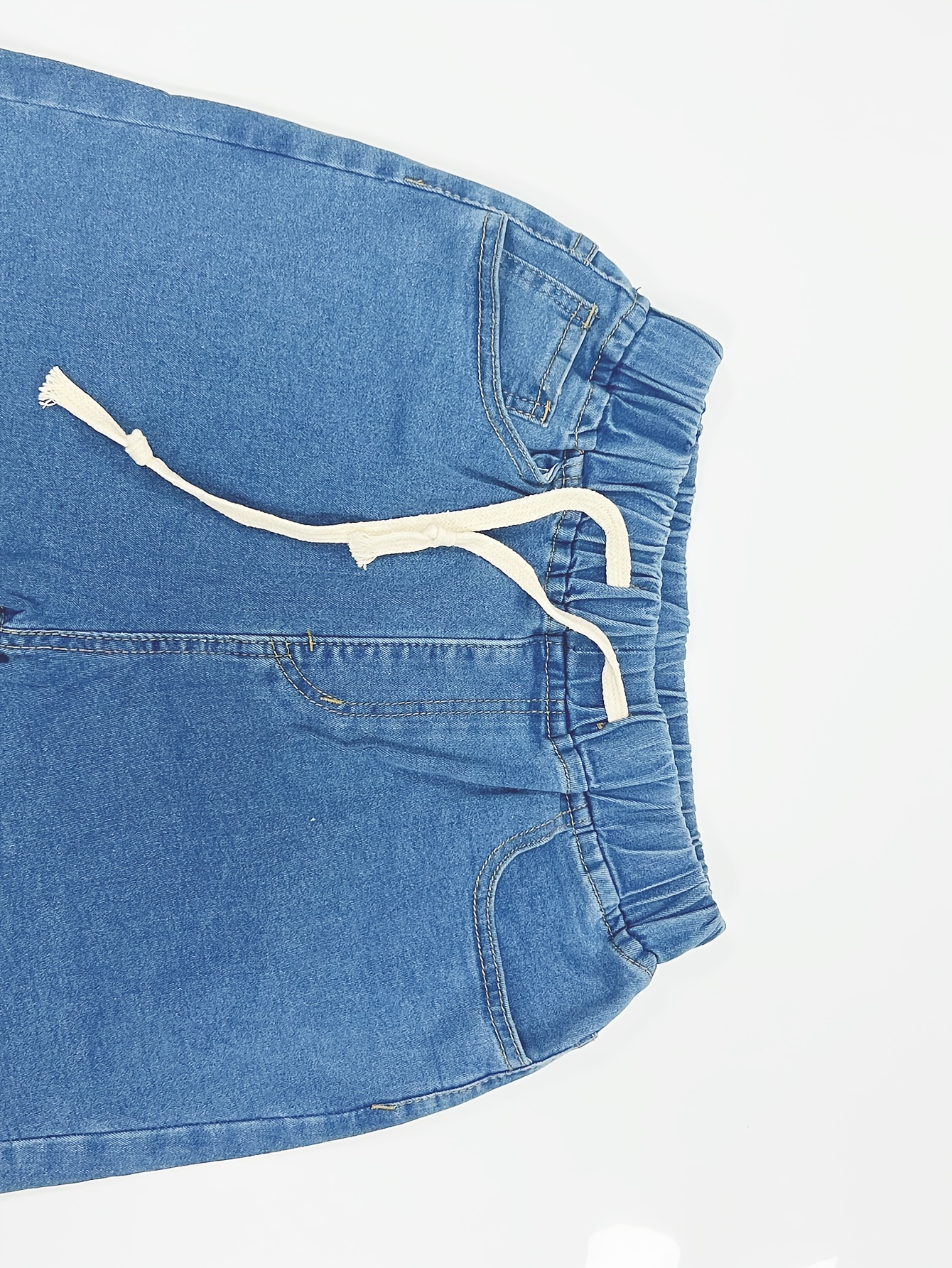 Blue Drawstring Elastic Waist Denim Shorts Frayed Hem High - Temu