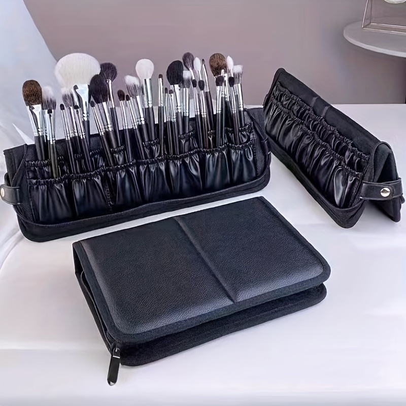 

Makeup Brush Bag, Waterproof Pu Leather Travel Makeup Brush Case, Makeup Brush Holder Organizer Cosmetic Bag, Portable Standing & Folding Brush Storage Bag - Brush Not Included