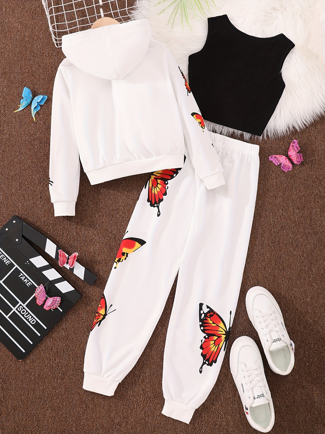Girls' 3-piece Sets, Tank Top + Zip Up Hoodies + Jogger Pants, Butterfly  Graphic Outfits Autumn Clothes Party Sports