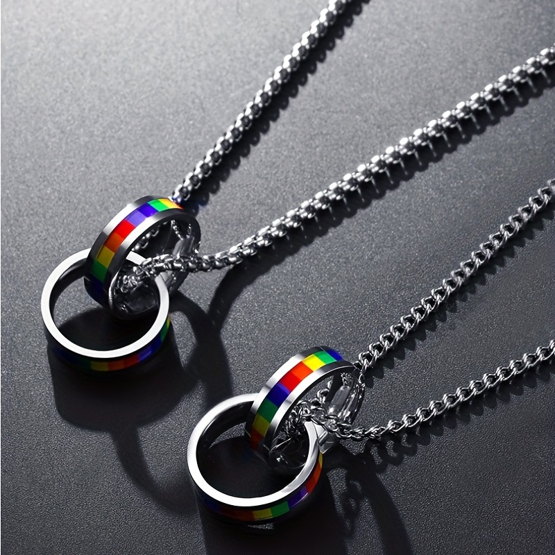 

1pc Men's Titanium Steel Rainbow Double Ring Necklace