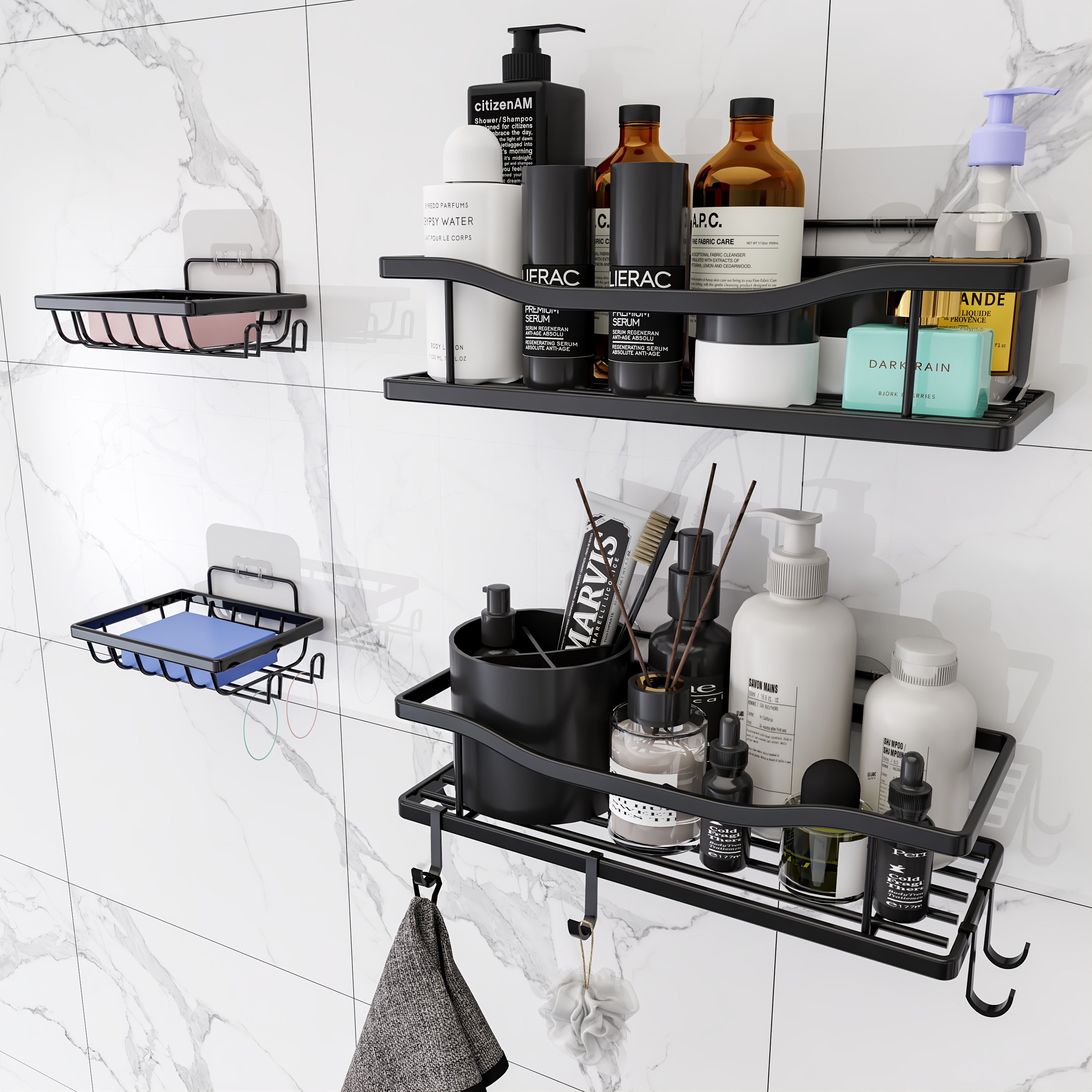 Stainless Steel Shower Caddy With 2 Shelves, 2 Soap Dishes, And 6 Hooks -  Adhesive Mounted Wall Rack For Bathroom, Toilet, And Kitchen Organization -  Temu United Arab Emirates