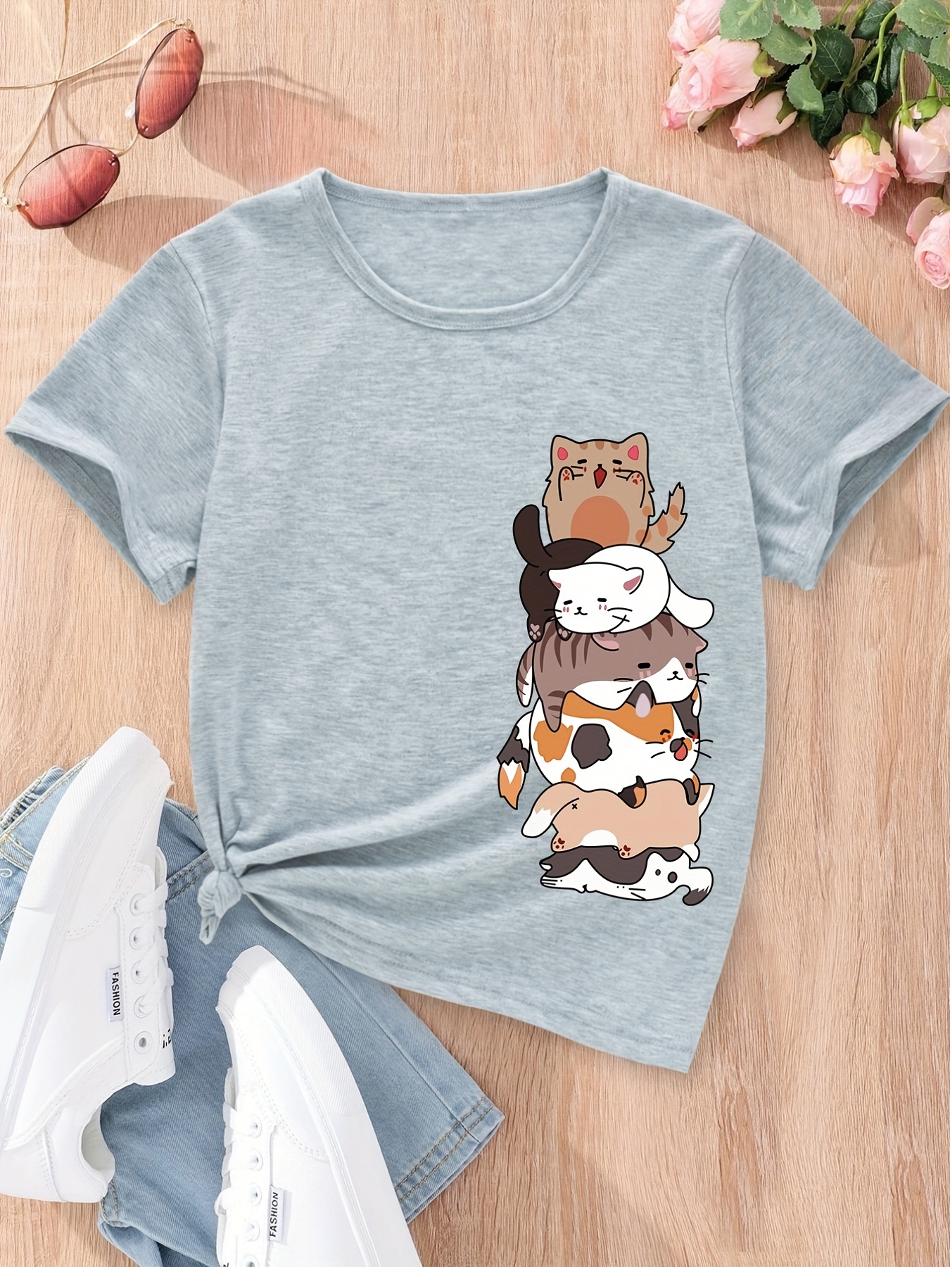 Meninas Lindas Desenhos Animados Gato Gráfico T shirt Casual