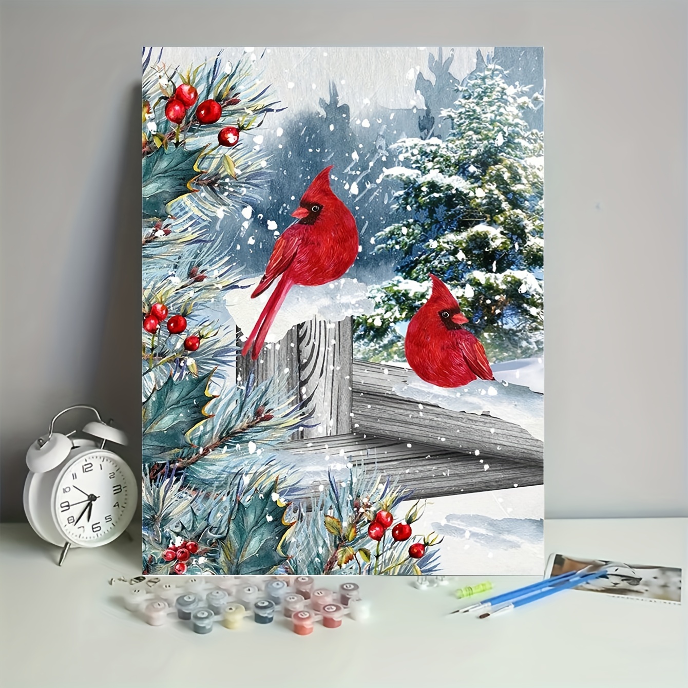 Christmas Cardinals Birds Paint by Number for Adults Beginner, DIY Easy Winter Adult Paint by Number Kits Canvas, with 3 Brushes and Acrylic Paint