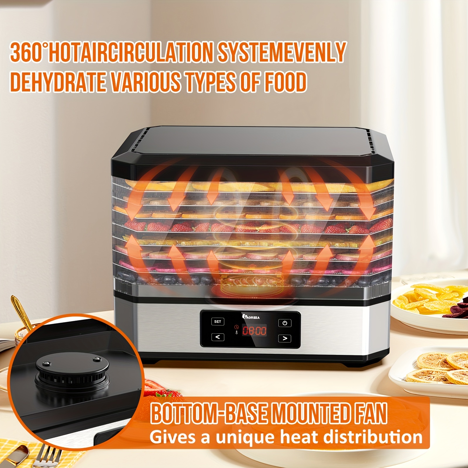 Electric 8-Tray Stainless Steel Food Dehydrator with Digital Timer