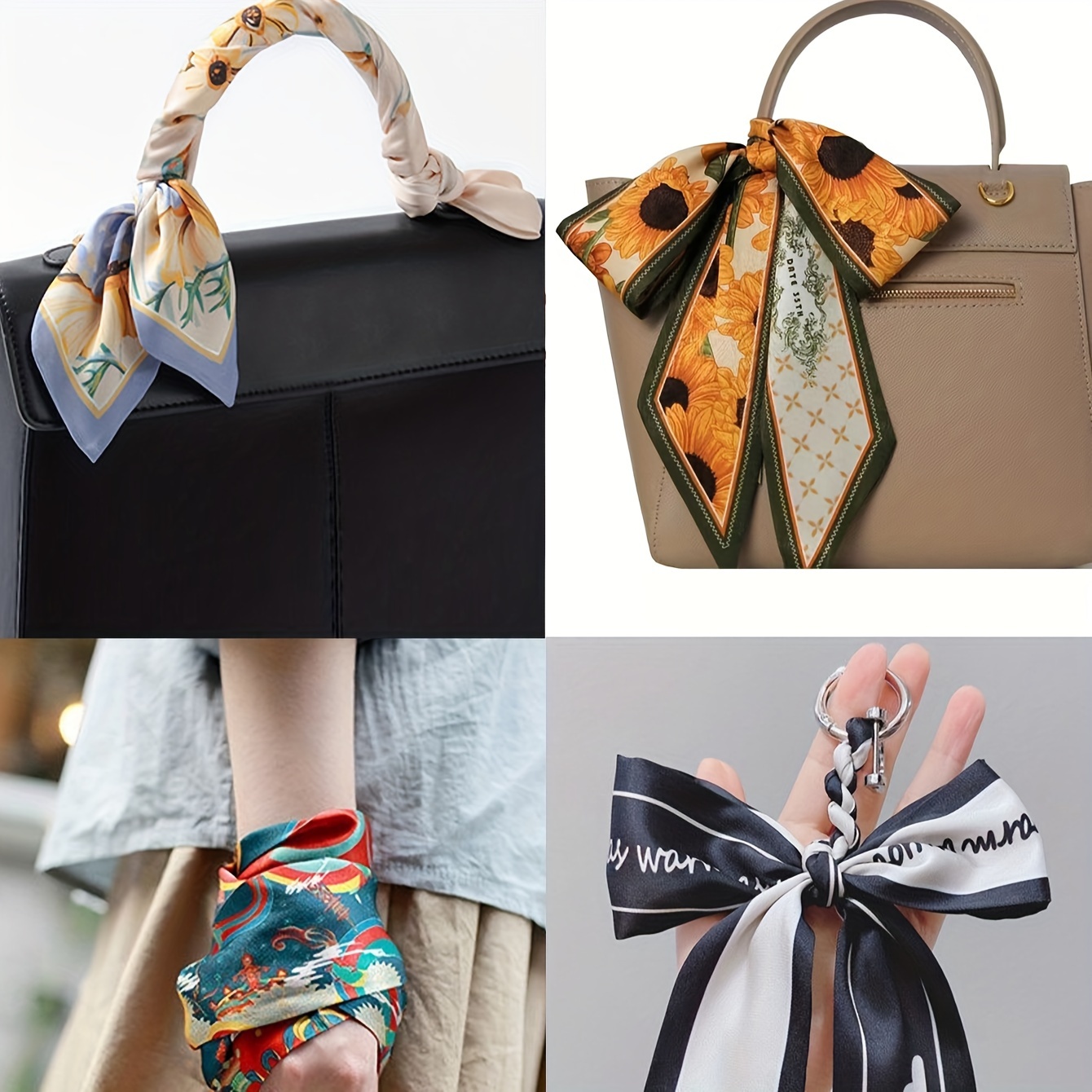 Scarf Tie On Bag Women's Black Coffee Floral Print Neck Accessory