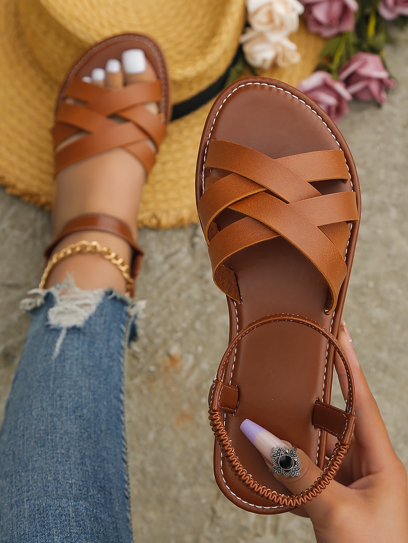 women s simple flat sandals casual open toe summer shoes details 0