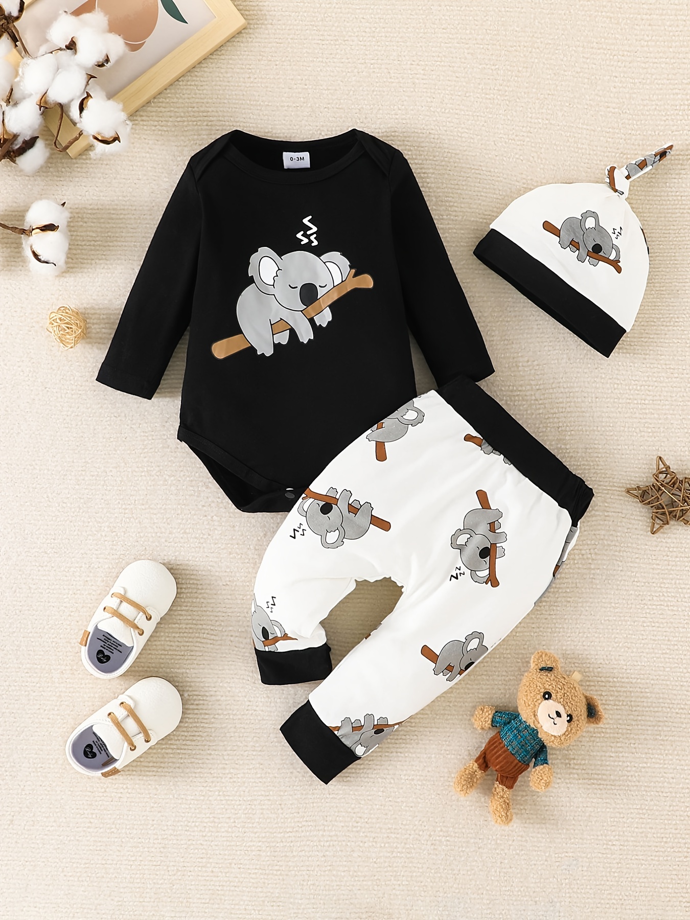 Shop Baby Boys Cotton Long Sleeve Bodysuit & Matching Pants Hat With Cartoon Elephant Print