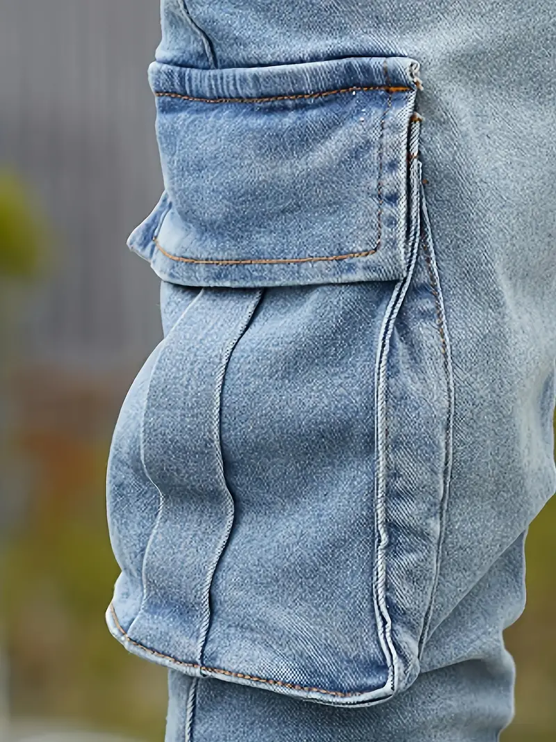 Slim Fit Multi Pocket Jeans Men\'s Casual Street Style - Temu