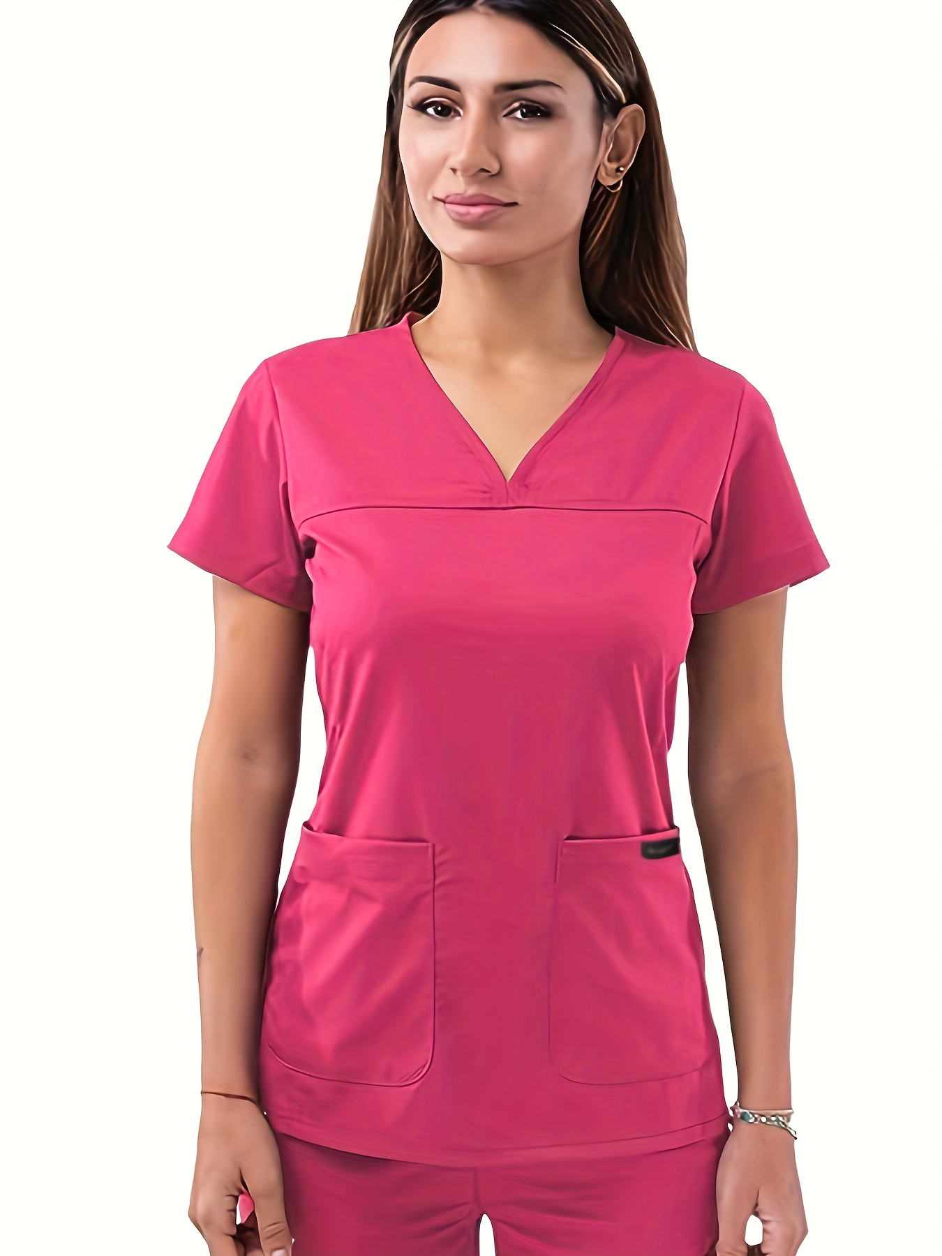 Camiseta de uniforme médico para mujer, color sólido, blusa de manga corta,  cuello en V, bolsillo, ropa de trabajo