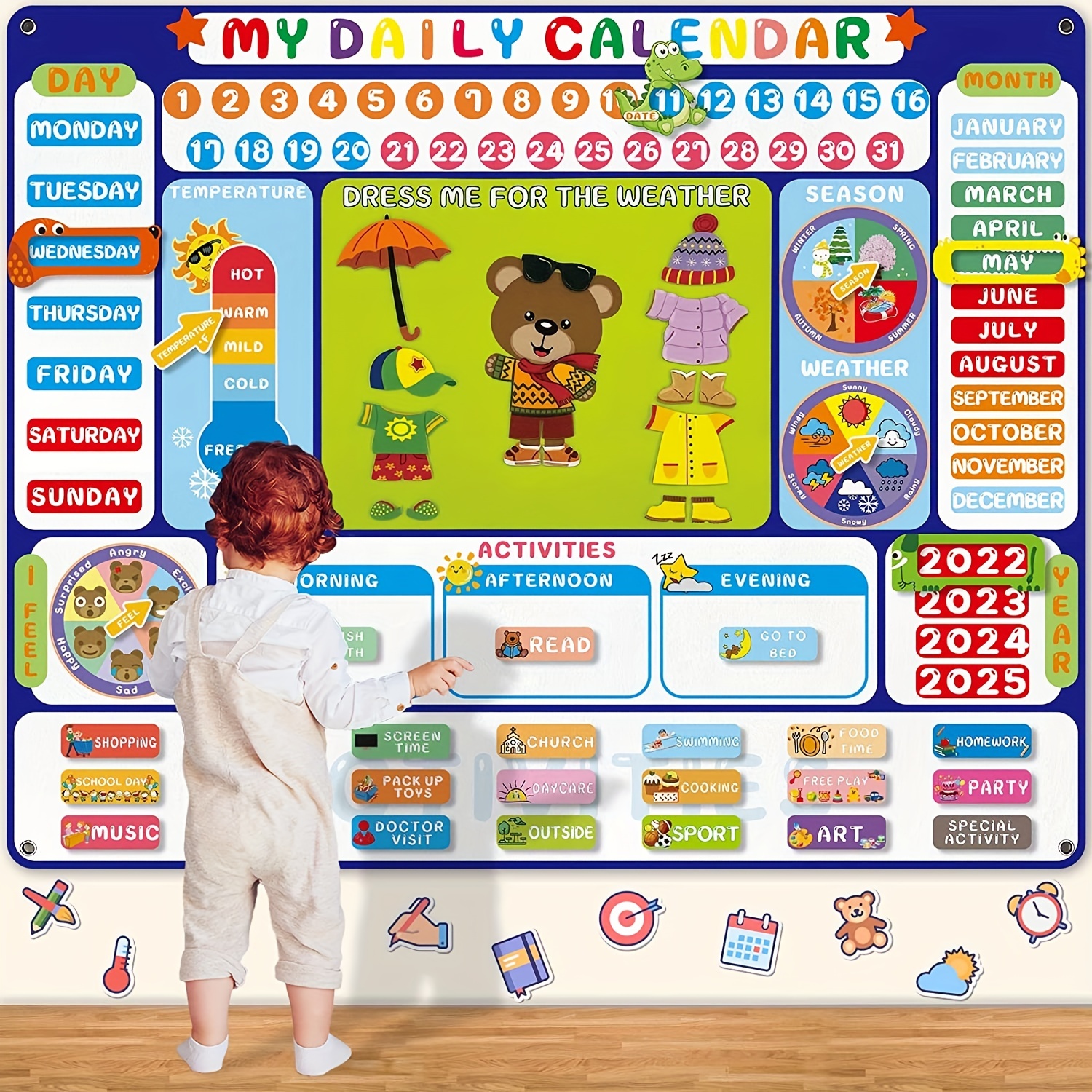 Calendrier visuel des enfants avec cartes 70pcs, tableau de feutre