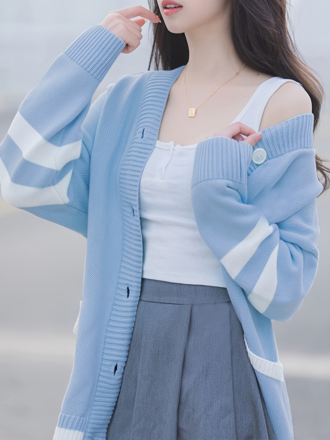 Button Front Knit Cardigan Casual V Neck Drop Shoulder Long - Temu