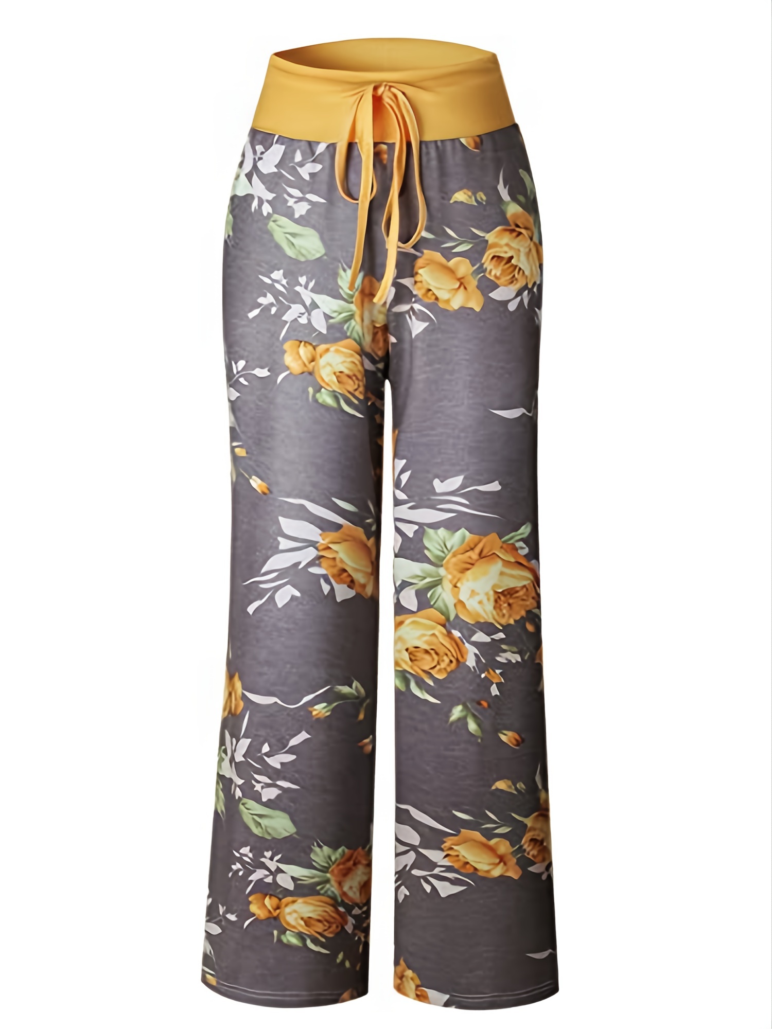 Plus Size Floral Print High Rise Drawstring Long Pants, Women's Plus Slight Stretch Loose Casual Pants_voghion.com
