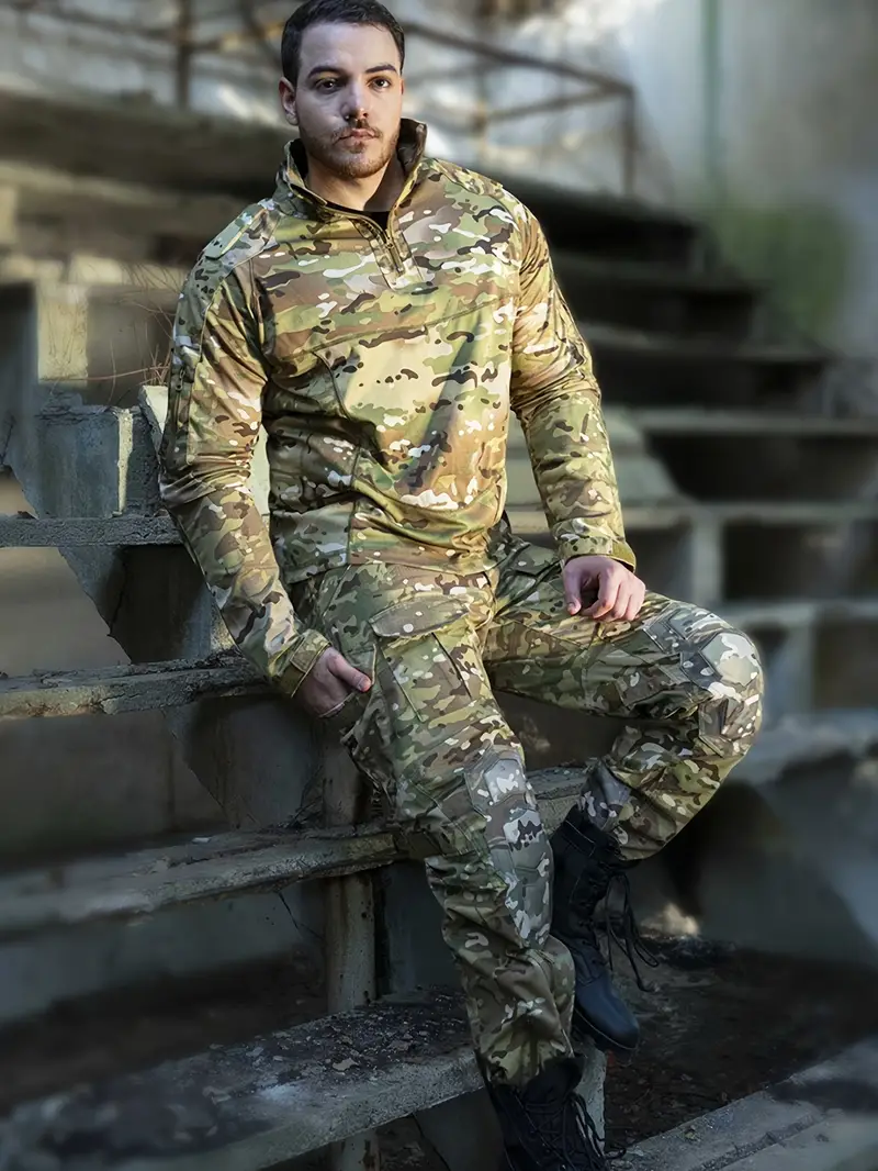 2-piece Men s Camouflage Pattern Tactical Suit, Men s Long Sleeve Stand Collar Sports Training Gear Shirt With Zipper & Flap Pocket Pants Set details 8