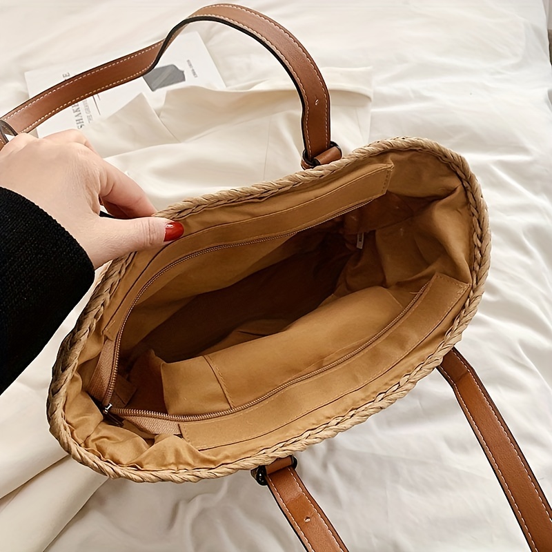 Women's Elegant Straw Crossbody Handbag- Tan