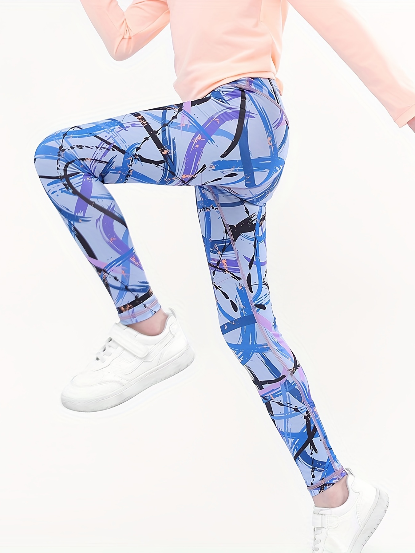 Girls Abstract Graphic Athletic Workout Leggings Elastic Waist Tight Slim  Yoga Pants Kids Spring Summer Clothes