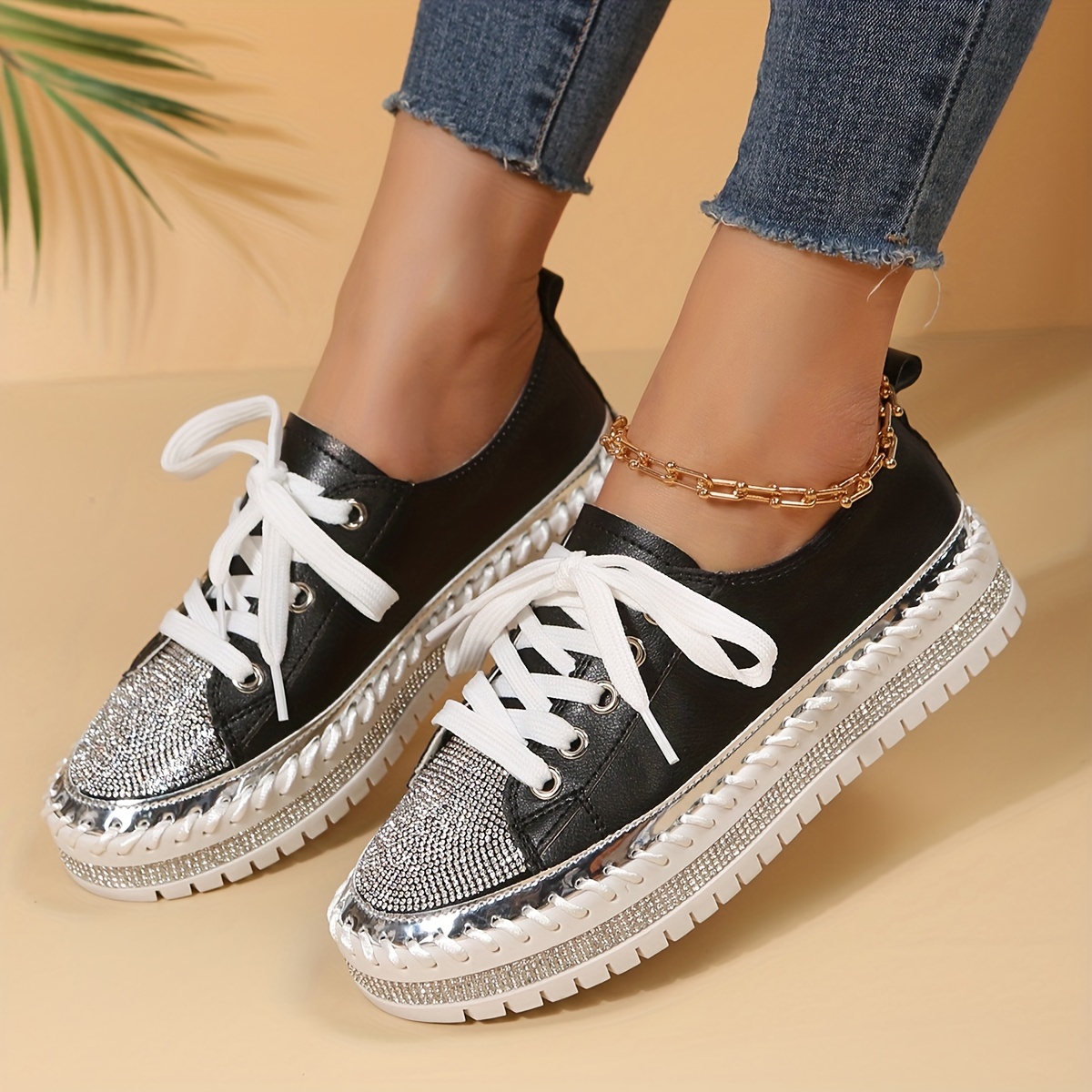 Women Sneakers Lace Up Platform Casual Sport Shoes Shine Rhinestone  Decoration Shoes Outdoor Running Tennis Shoe