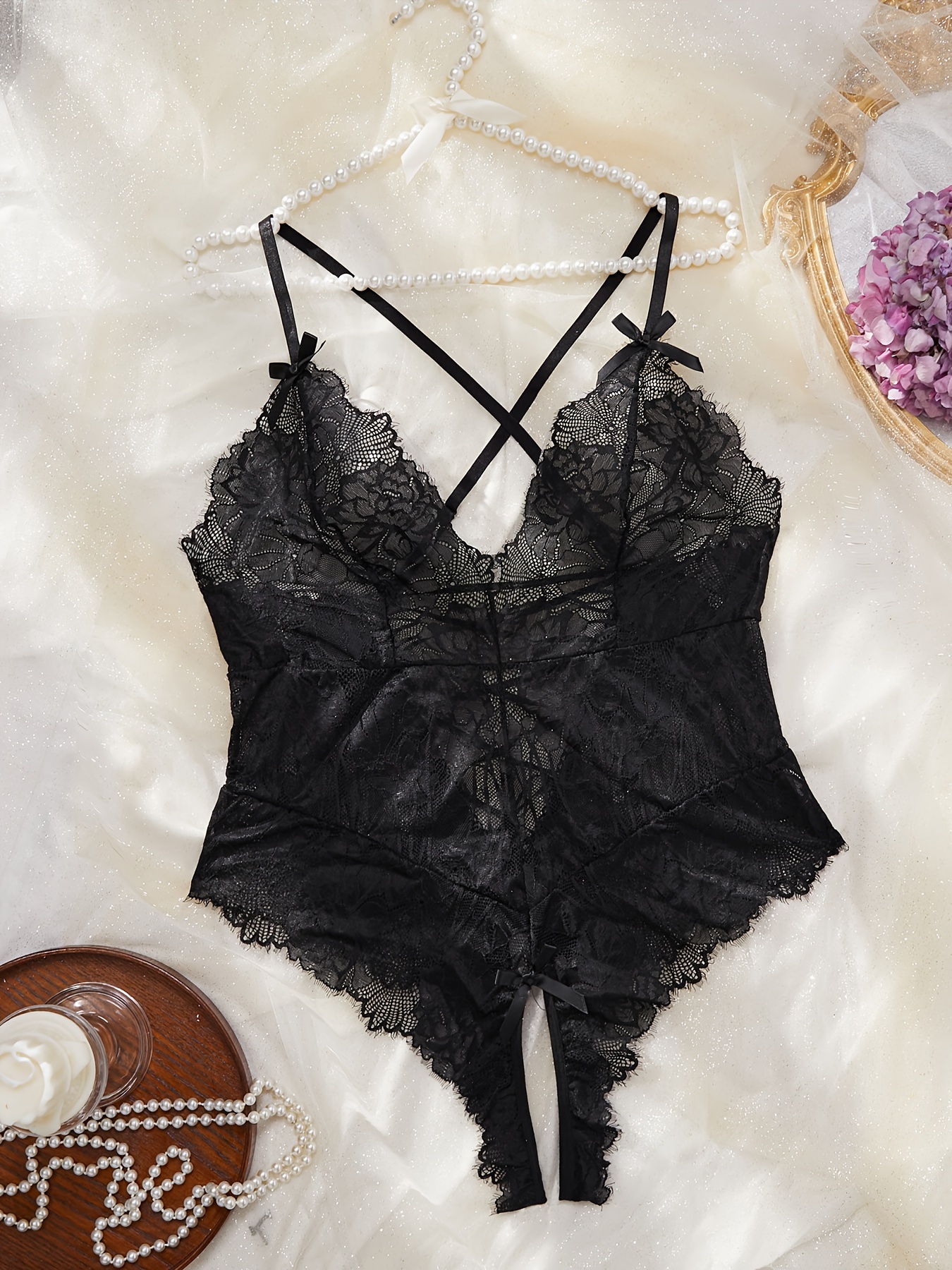 Womens Black Floral Bustier Teddy Lace Bodysuit + Plus Size