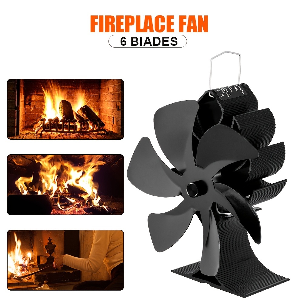 Wood Stove Fan, Pipe Fireplace Fan with Magnetic Thermometer, 6 Blades  Stove Fan on Chimney, Silent Motors, Push Horizontal Air Flow, Heat Powered