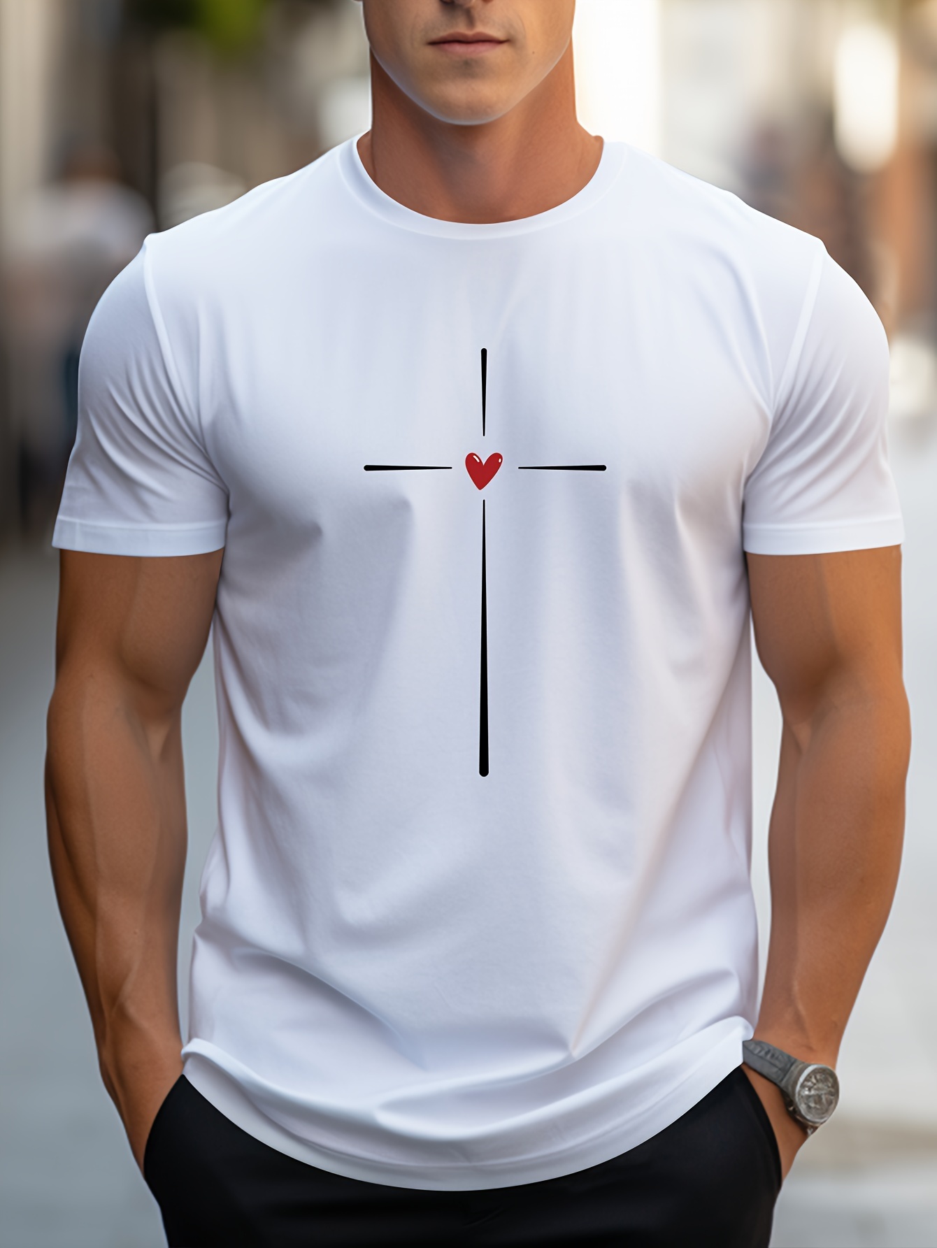 love heart graphic print mens creative top casual short sleeve crew neck t shirt mens clothing for summer outdoor white 0