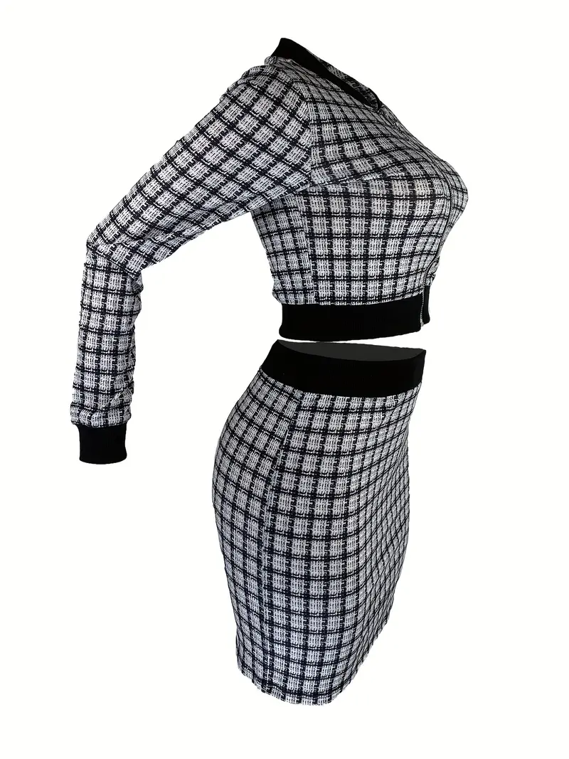 elegant plaid matching two piece set crop zip up jacket bodycon skirt outfits womens clothing details 12