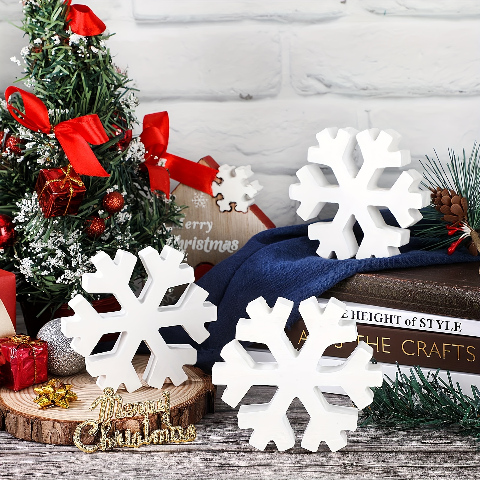 Winter Snowflake Decorations, White Standing Wooden Snowflakes