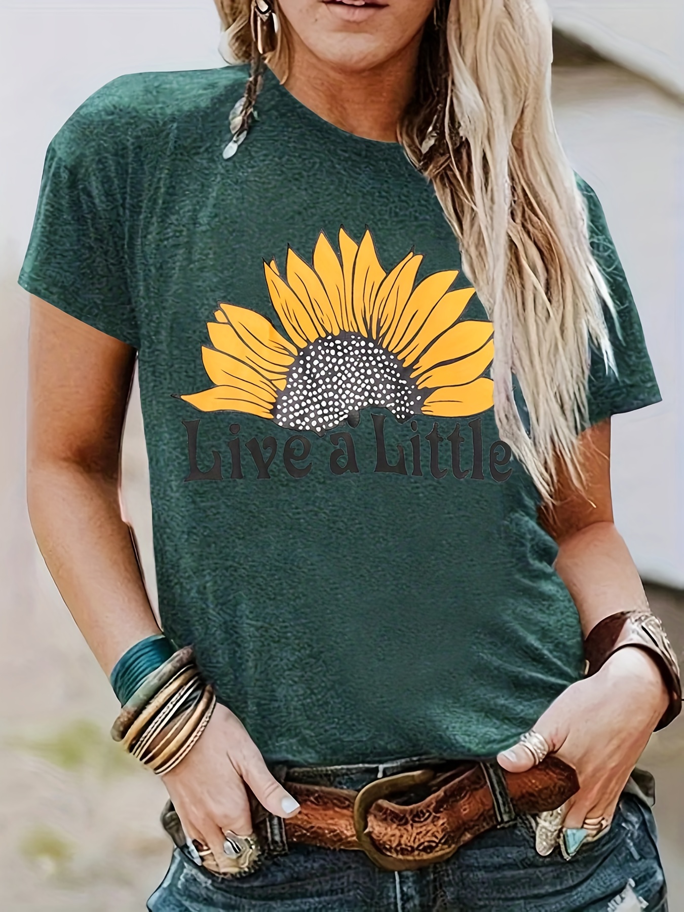 Sunflower Print Crew Neck T-Shirt, Casual Short Sleeve T-Shirt For Spring &  Summer, Women's Clothing