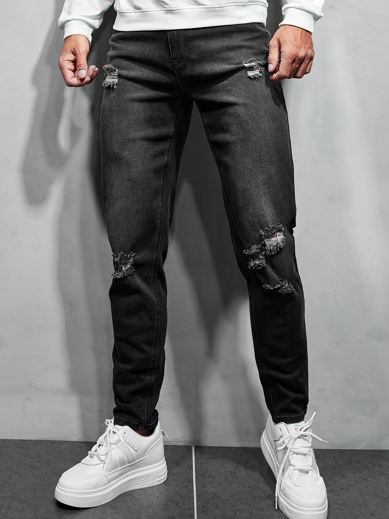 Men's Solid Color Black Ripped Jeans Straight Slim Fit Denim - Temu