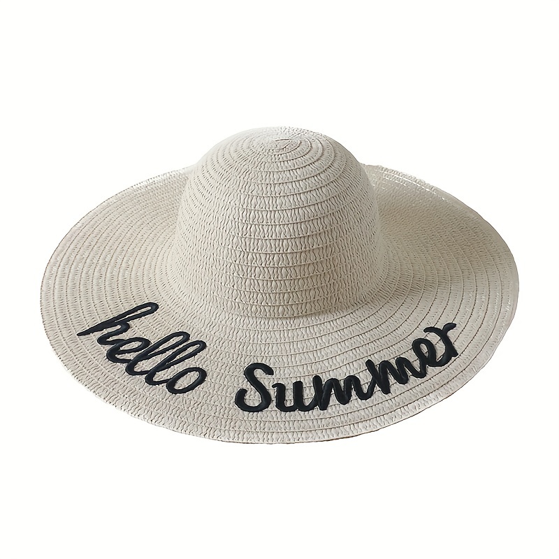 Vintage Summer Sun Hat Embroidered Beach Floppy Straw Hat