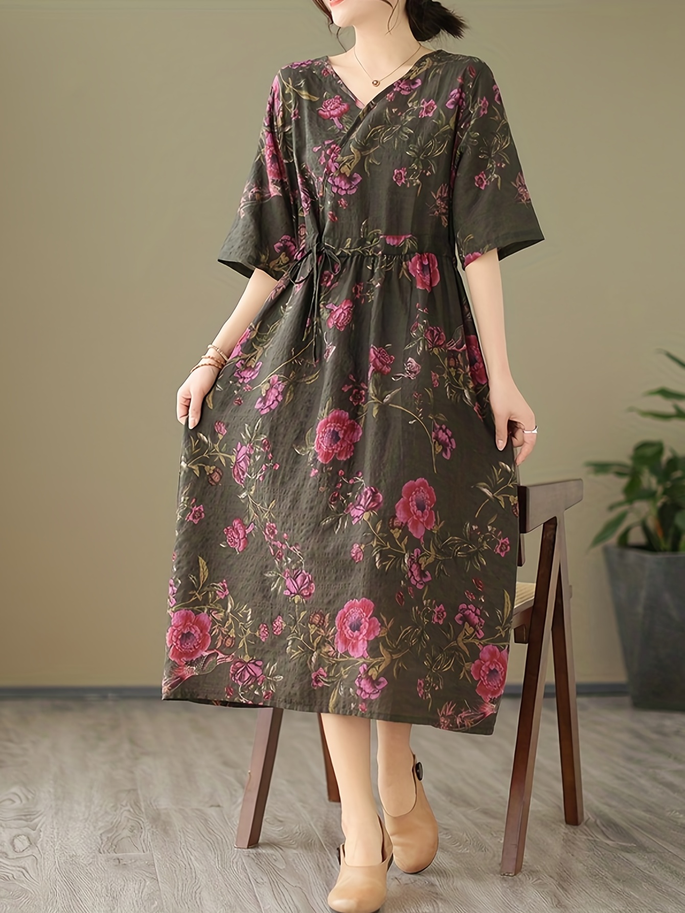floral print v neck dress vintage half sleeve ruched maxi dress womens clothing