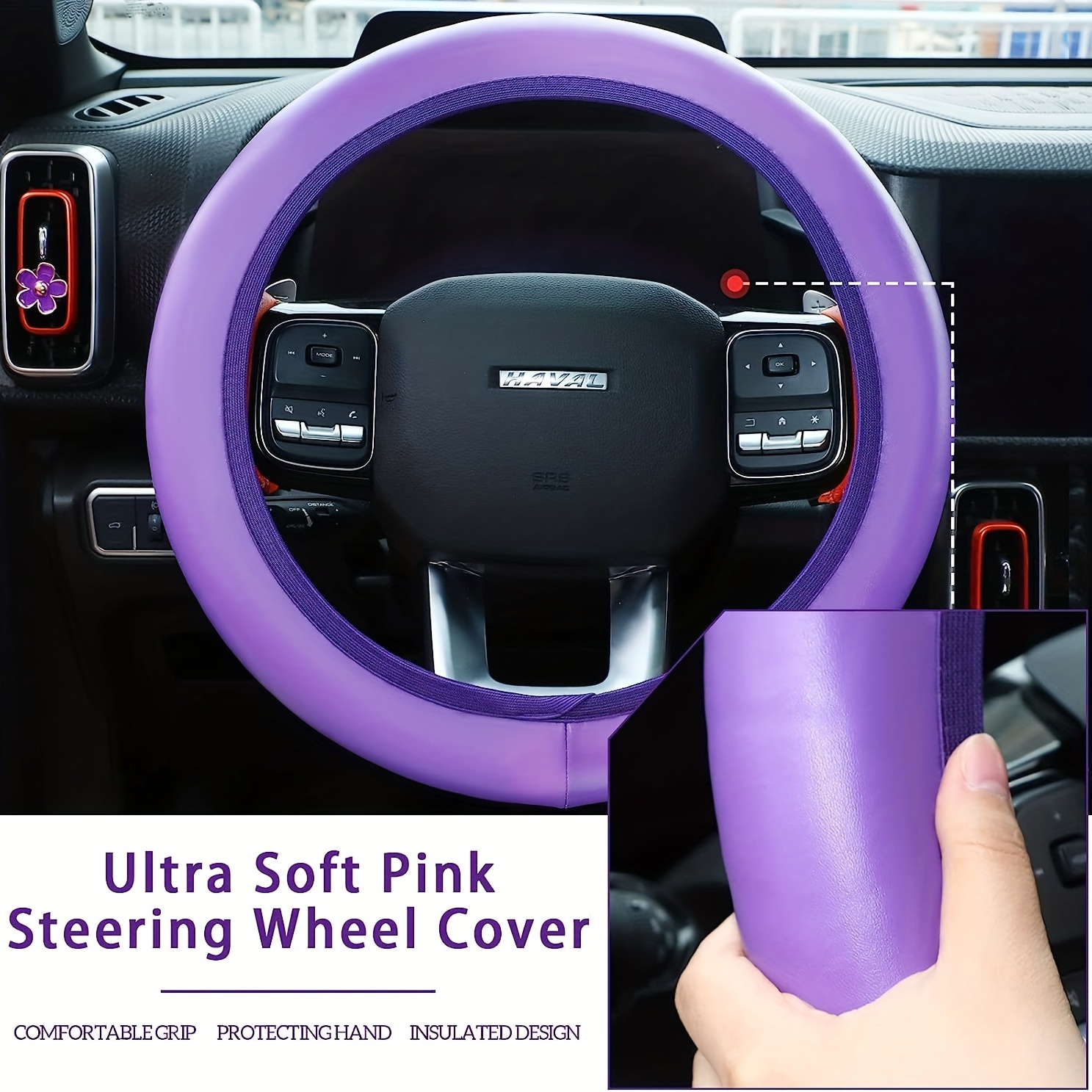 10pcs Leather Steering Wheel Cover Women Cute Car Accessories Set