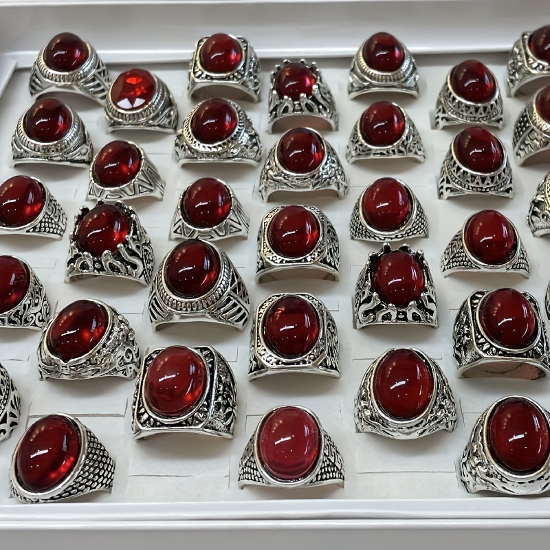 5pcs Set Men's Silvery Oval Red Stone Rings