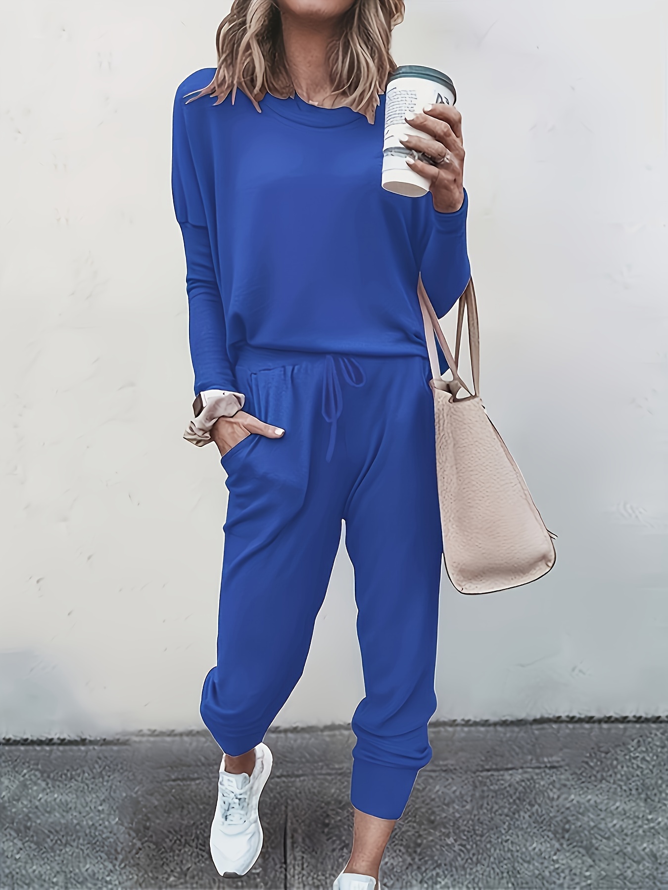 Casual Sporty Solid Long Sleeve Crew Neck Top Drawstring - Temu