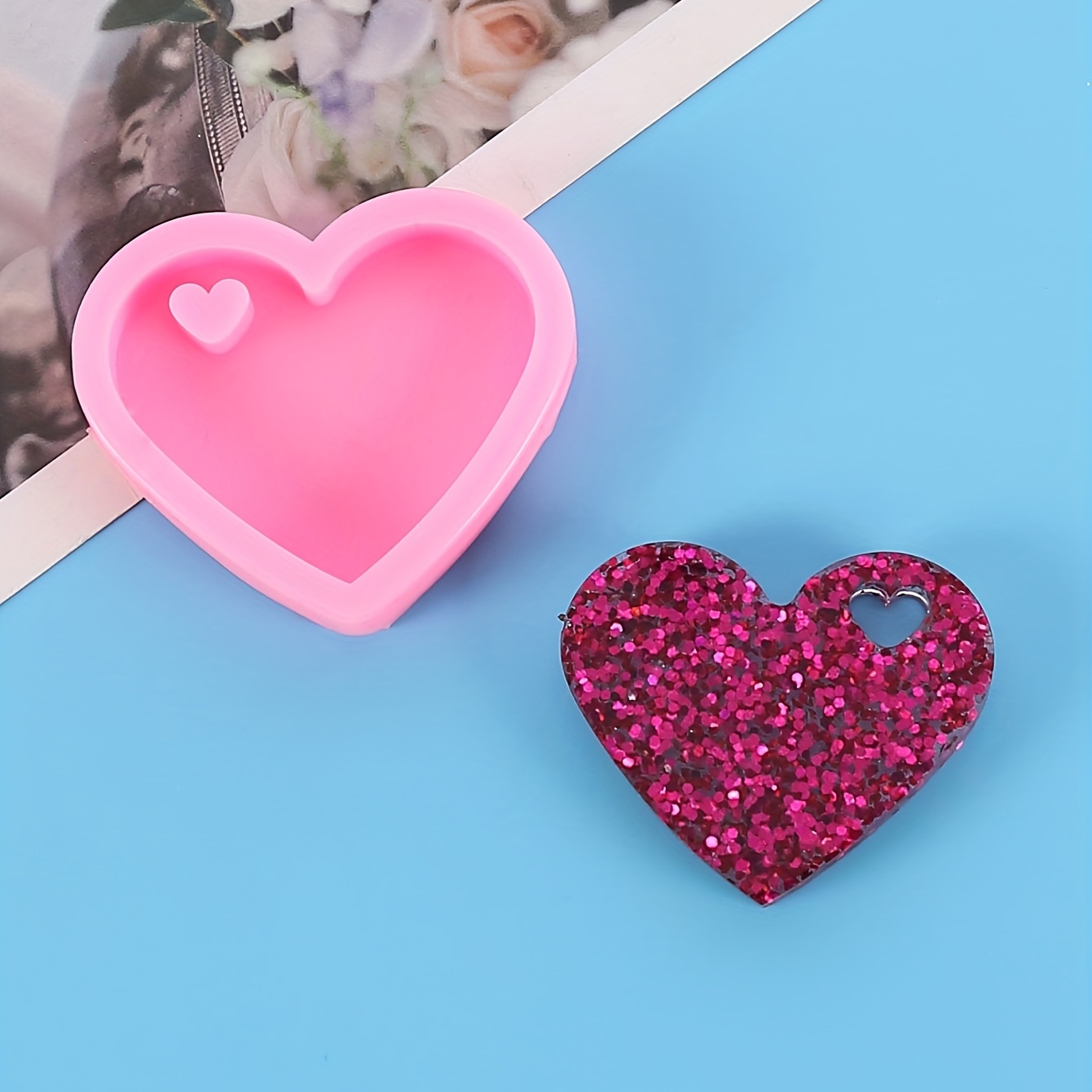 Handmade Large Pink Blue Heart Shaped Epoxy Resin Keyring