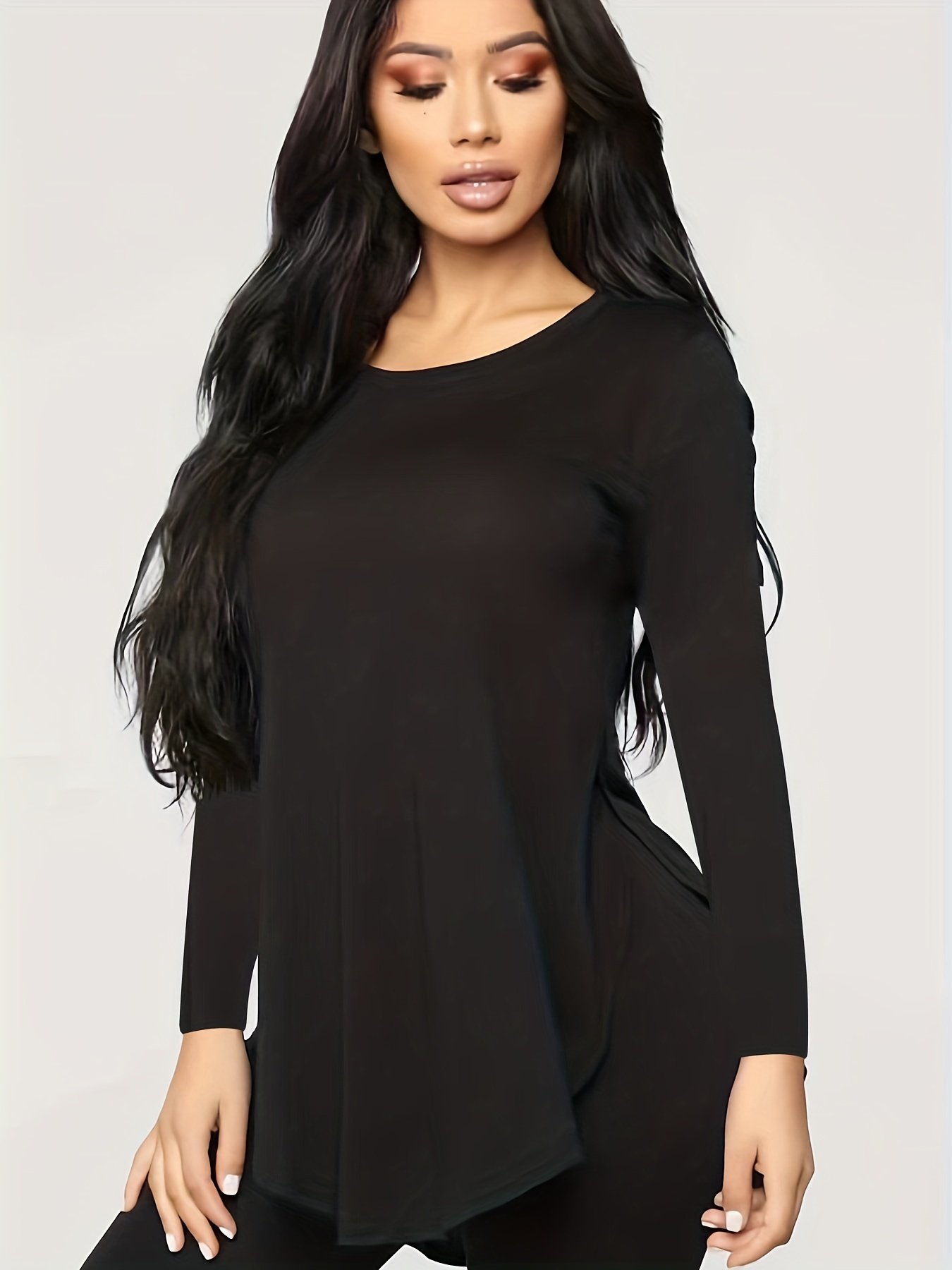 Solid Curved Hem Crew Neck T-Shirt, Casual Long Sleeve Top For Spring &  Fall, Women's Clothing