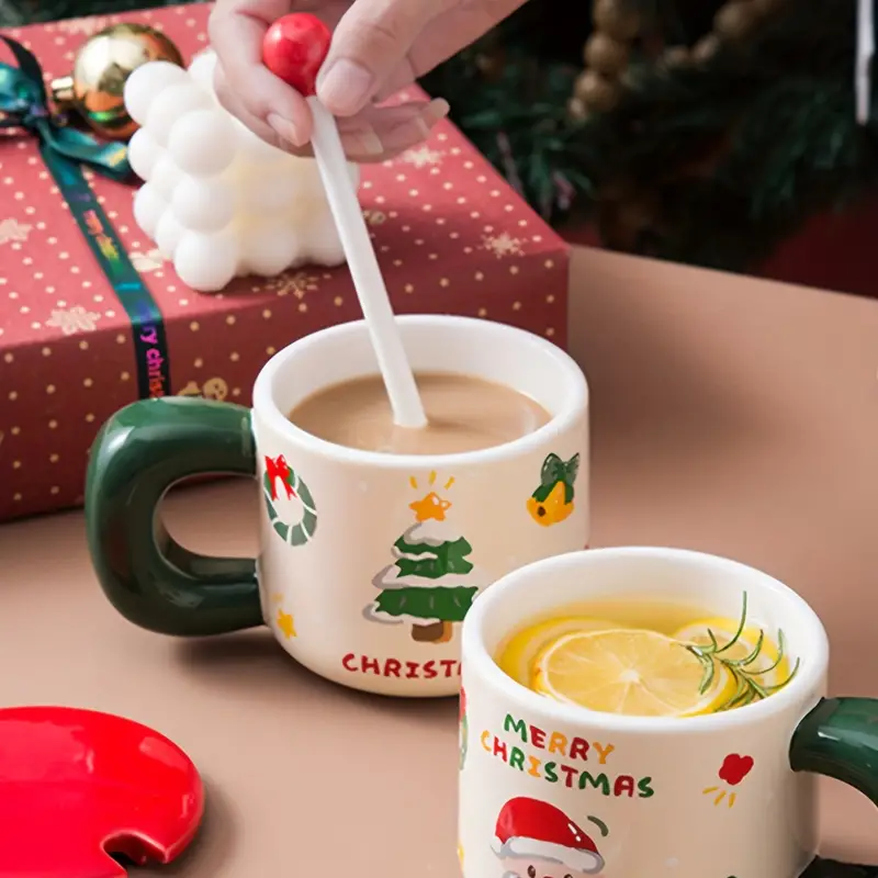 Cartoon Santa Claus Coffee Mug With Lid And Stirrer, Ceramic