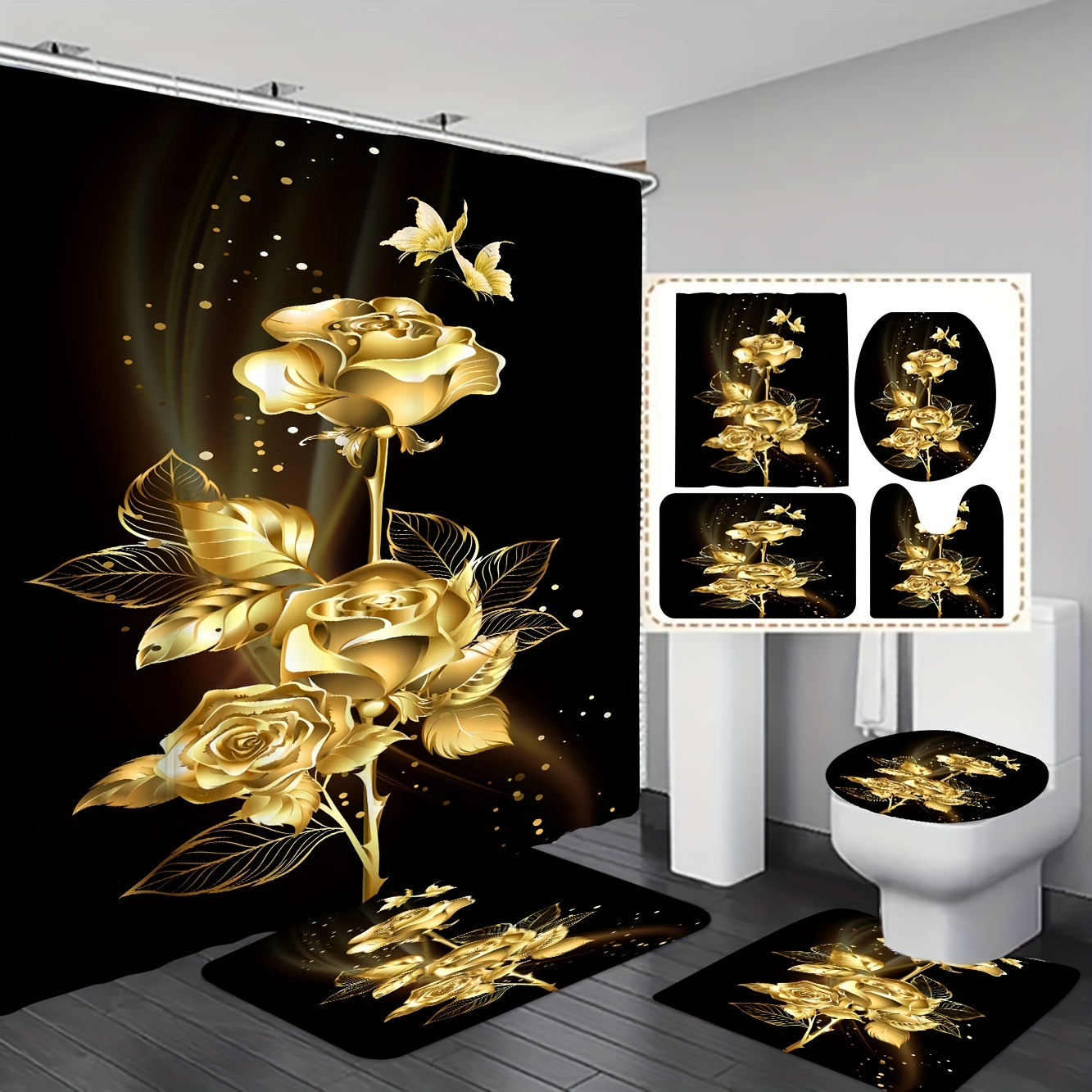 

1/3/4pcs Golden Rose Butterfly Shower Curtain, Shower Curtain With 12 Hooks, Bathroom Rug, Toilet U-shape Mat, Toilet Lid Cover Pad, Bathroom Decor, Shower Curtain Sets For Bathrooms, 70.8x70.8in