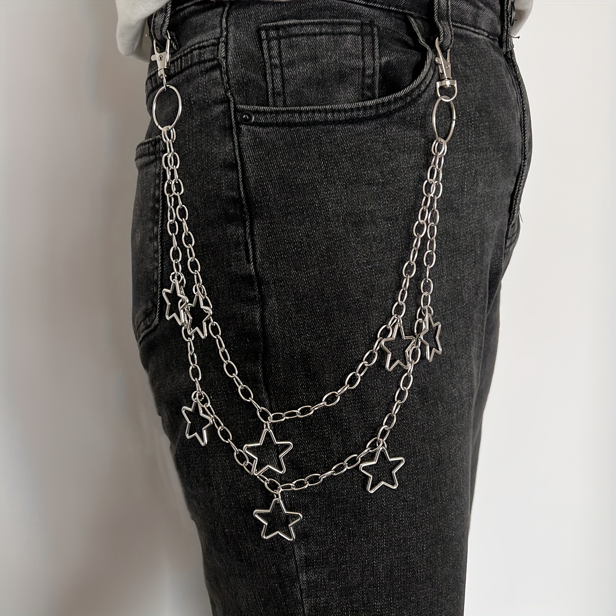 Sliver Gray Star Print 1pc Jeans, Men's Double Layer Waist Chain Decorative Pant, Trousers Chain Trouser Chains Hip Hop Rock Punk Retro Jeans Belt