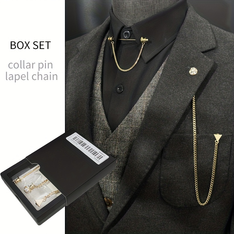Temu Red Rose Lapel Chain Knot Zircon Suit Brooch with Chain Tuxedo Earrings, Men's Shirt Collar Pin Wedding Groomsman, Christmas Styling & Gift