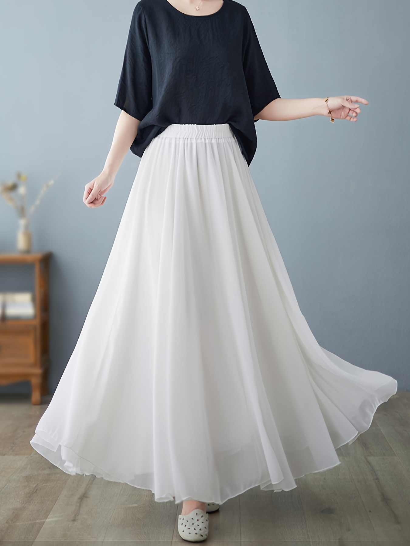 High Elastic Waist Skirts Elegant Solid Pleated Maxi Skirts Temu 1132