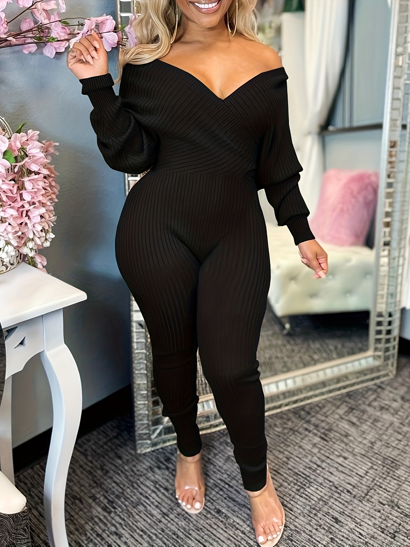 solacol Womens Ribbed Jumpsuits Ribbed Workout Rompers Long Sleeve
