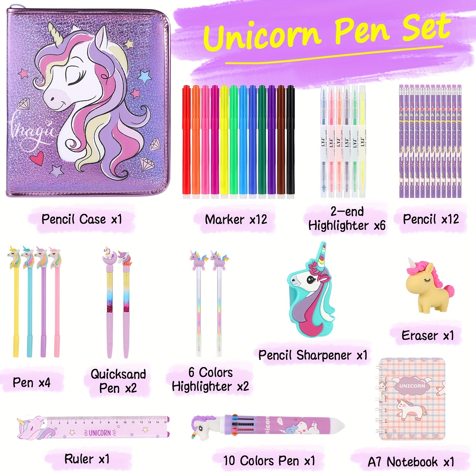 Unicorn Pencil Case Kids Art Set With Fruit Scented Markers, Unicorn Gifts  For Girls, Art Supplies For Kids, Birthday Gifts For Little Girls Age 3 4 5