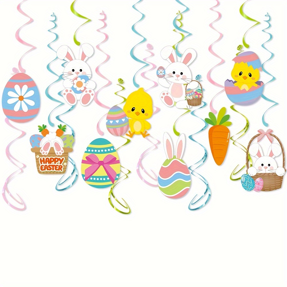 

10pcs Easter Hanging Swirl Decorations With Hooks Easter Hanging Ceiling Party Favor Decorations Ceiling Spiral Streamers Cartoon Carrot Egg Bunny Pendant Ornament For Holiday Spring Decor Easter Gift