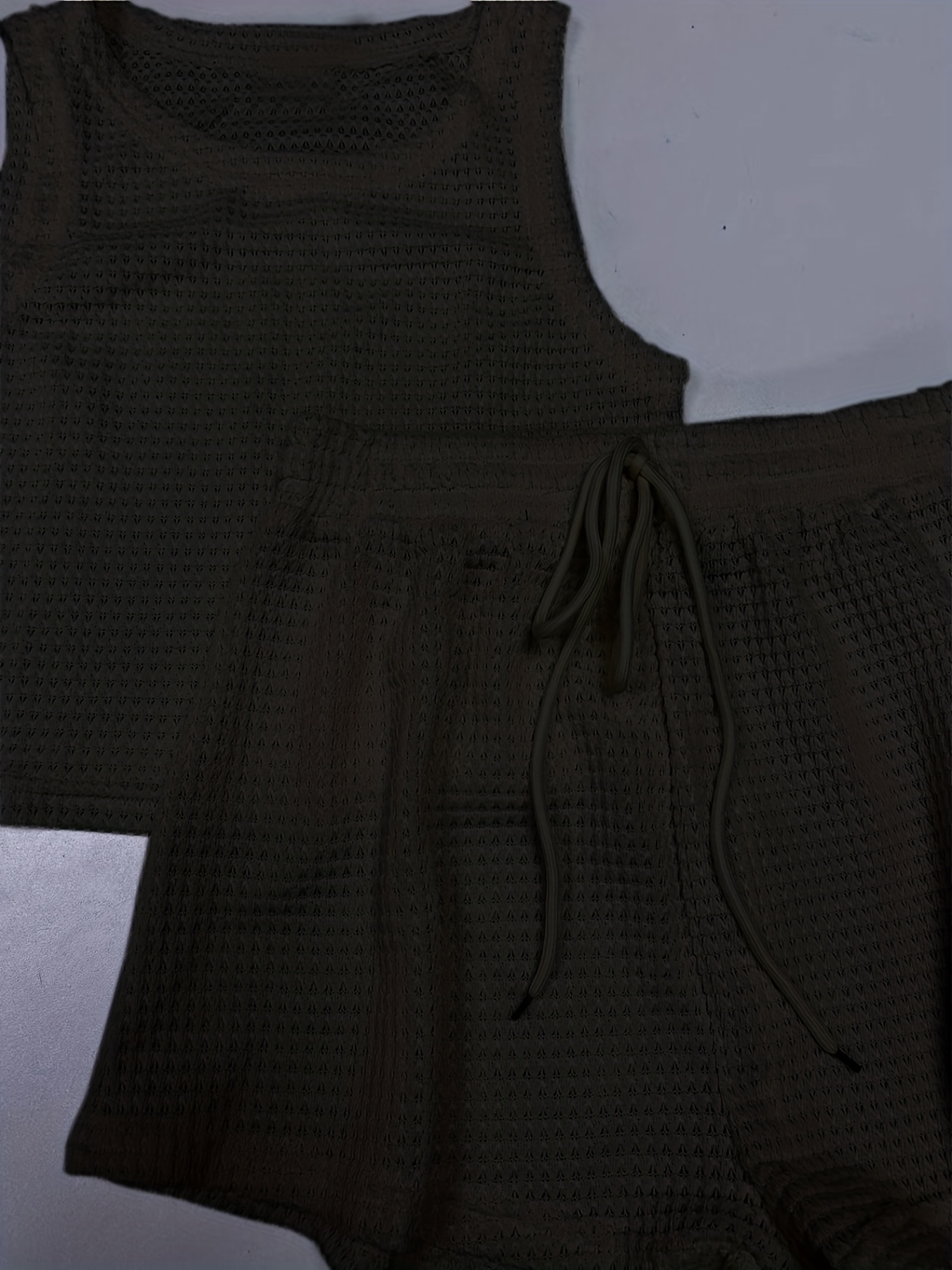 Waffle Two Piece Set Crew Neck Sleeveless Tank Top & Drawstring Shorts