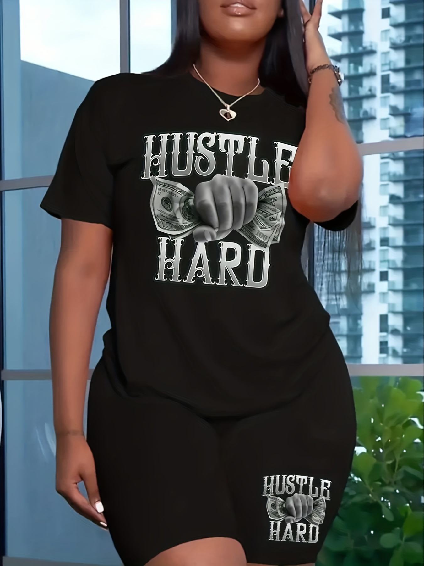 Hustle Hard Print Two piece Outfits Short Sleeve Crew Neck - Temu