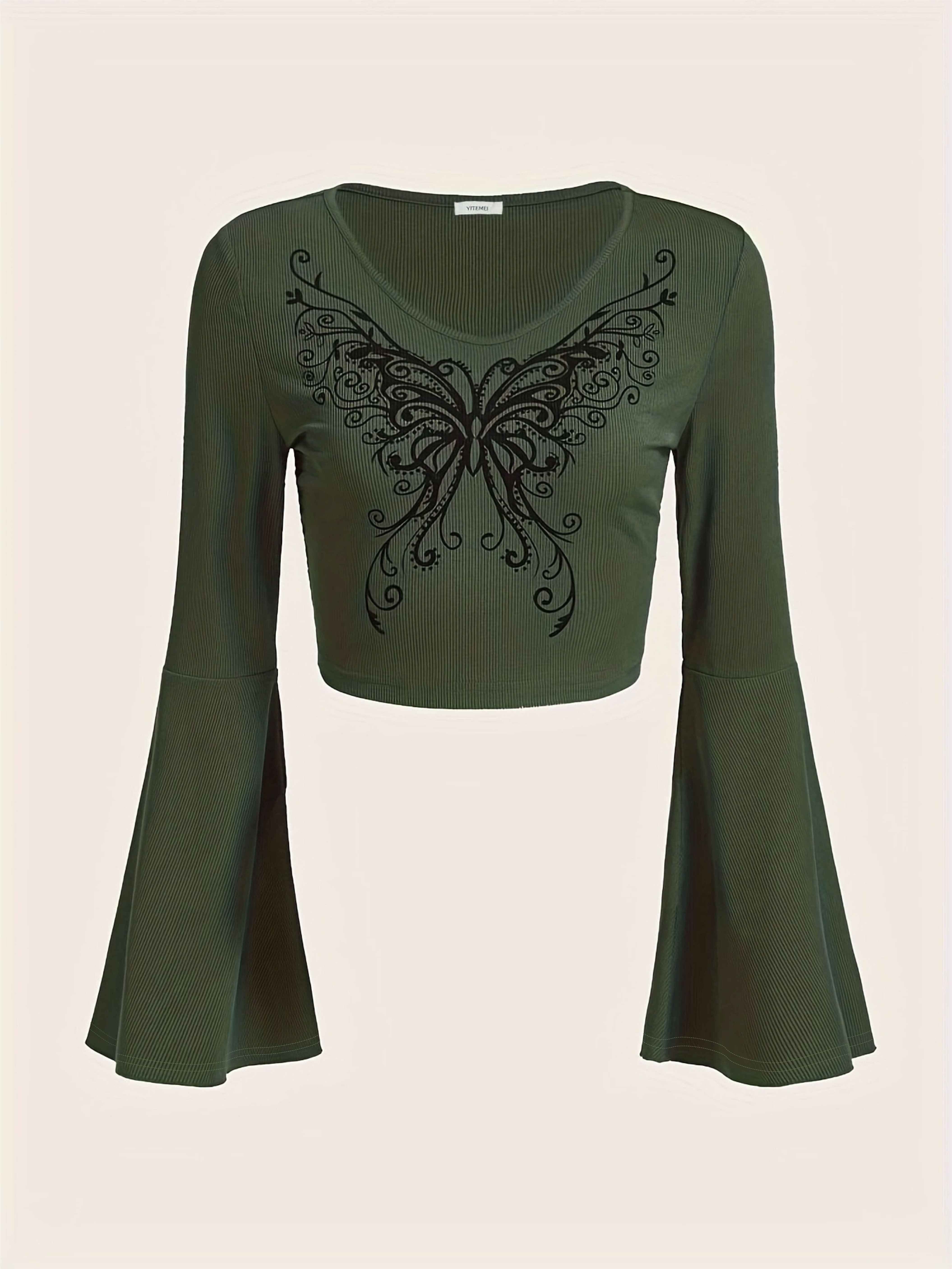 Butterfly Print Ribbed V Neck Crop T shirt Casual Long Bell - Temu Australia