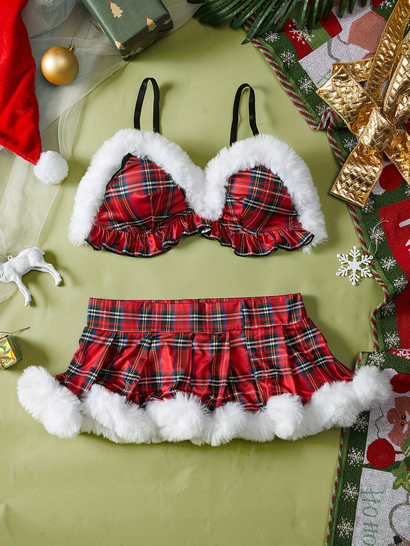 Christmas Plaid Print Fuzzy Trim Lingerie Set, Lettuce Trim Intimates Bra &  Pleated Skirt, Women's Sexy Lingerie & Underwear