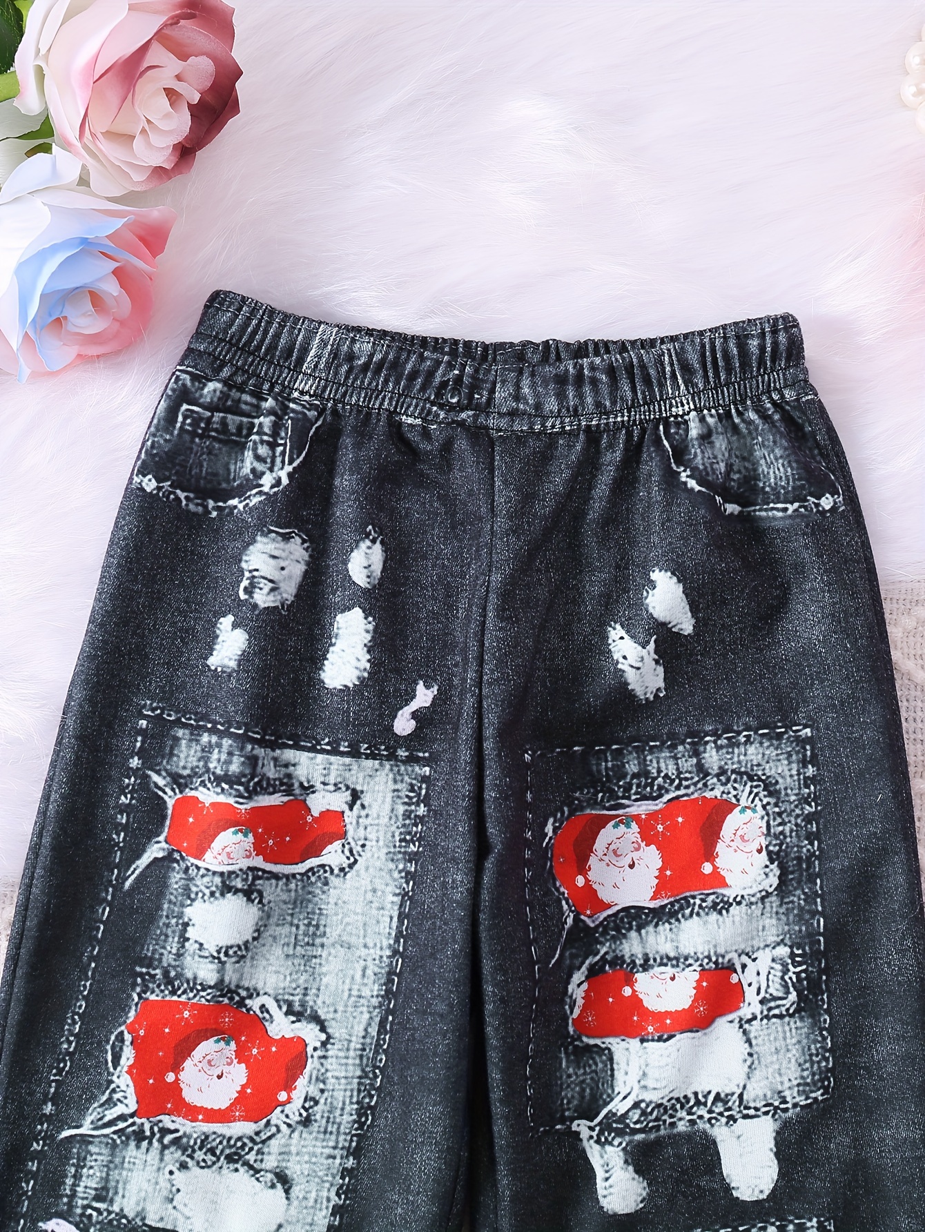 Girl's Christmas Plaid & Santa Claus Pattern Imitation Denim Print Allover  Print Pants (imitation Denim)