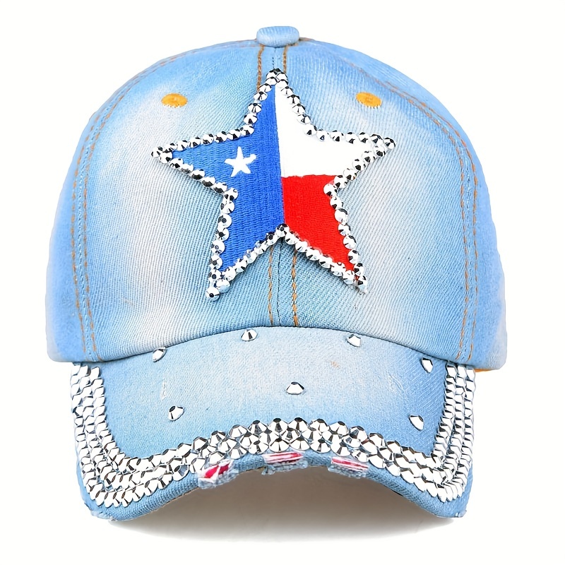 Pentagram Patch Denim Baseball Cap Rhinestone Hip Hop Distressed Dad Hat