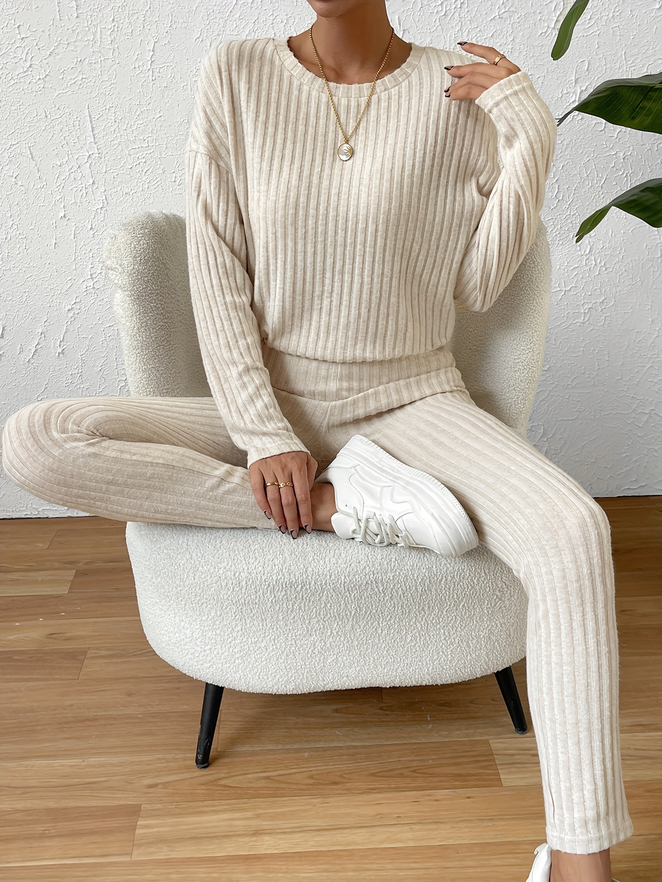 Solid Ribbed Knit Two piece Set Crew Neck Long Sleeve - Temu Canada